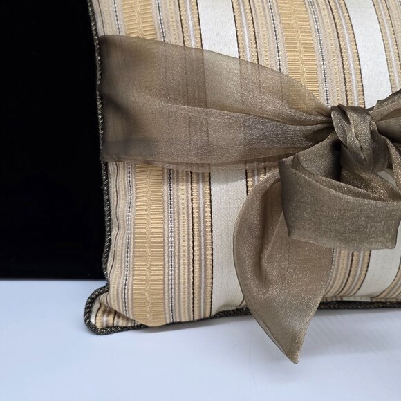 Vintage Small Striped Accent Throw Pillow Ribbon Bow Accent By Woof & Poof 10" - Picture 2 of 14